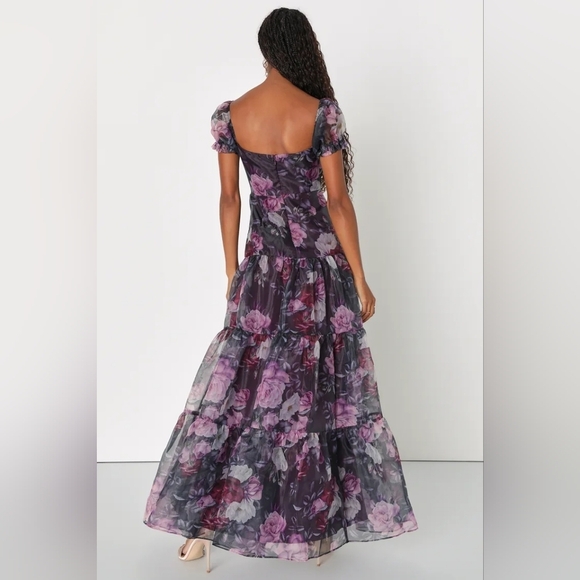 Lulus Delightful Expression Black Floral Organza Tiered Maxi Dress XS Wedding - Picture 5 of 10